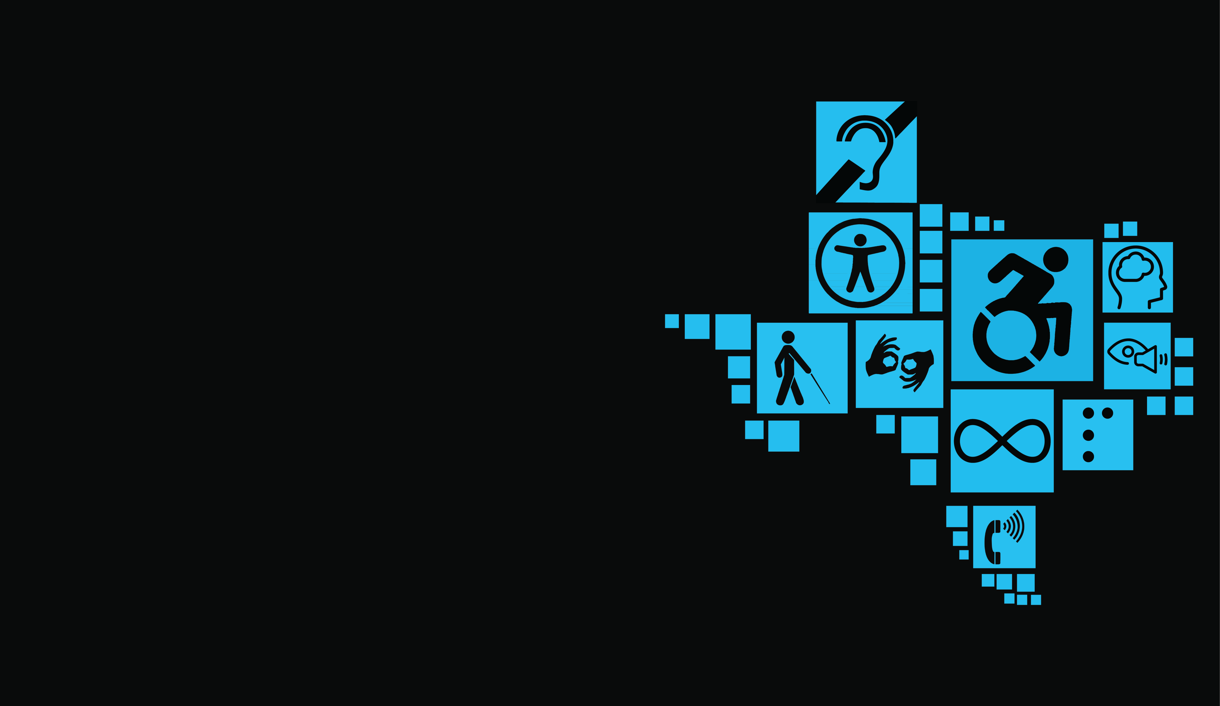 Dozens of squares of various sizes come together to make the shape of the state of Texas. In several of the boxes are disability access symbols including symbols for low vision access, sign language interpretation, hearing loss access, braille, wheelchair accessibility, volume control telephone, intellectual disability, autism, and universal access.